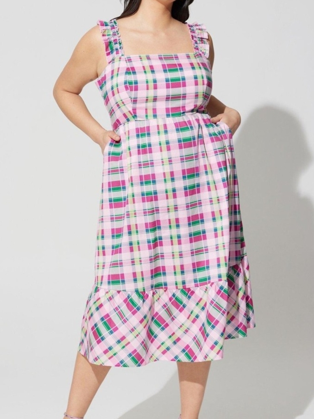 Torrid Pink Plaid Midi Sundress with Ruffle Hem